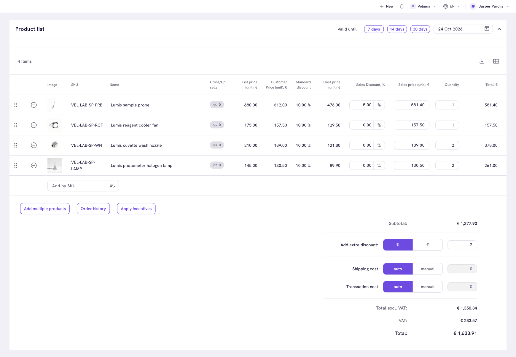 Product list of a draft quote with a 5% sales discount on the first line and a 2% extra discount