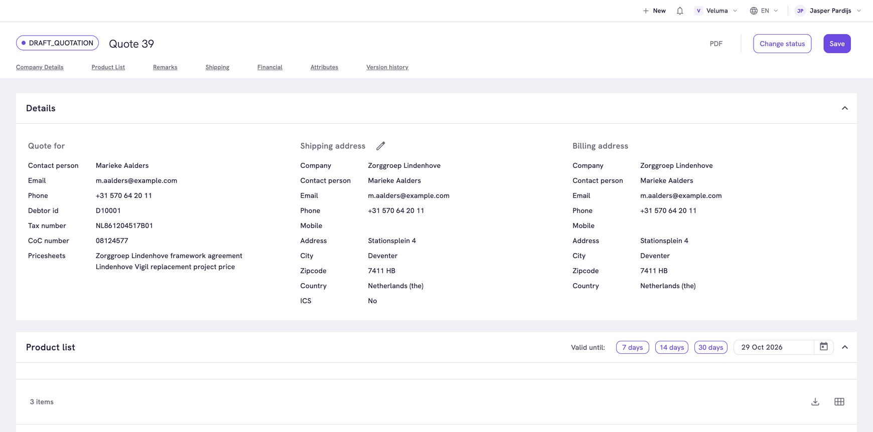 Quote editor with the header buttons and the Details section of a draft quote