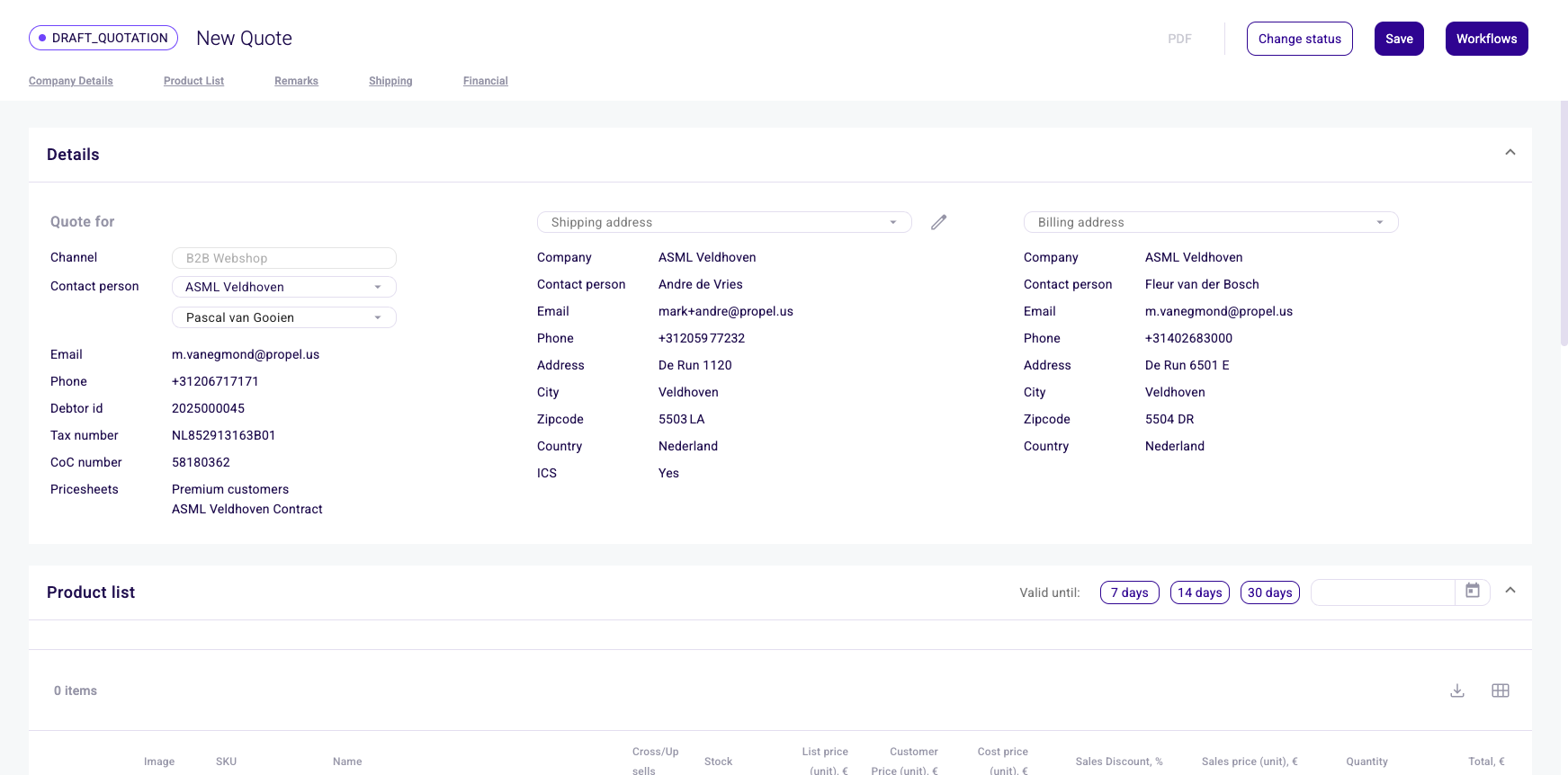 Quote editor details section