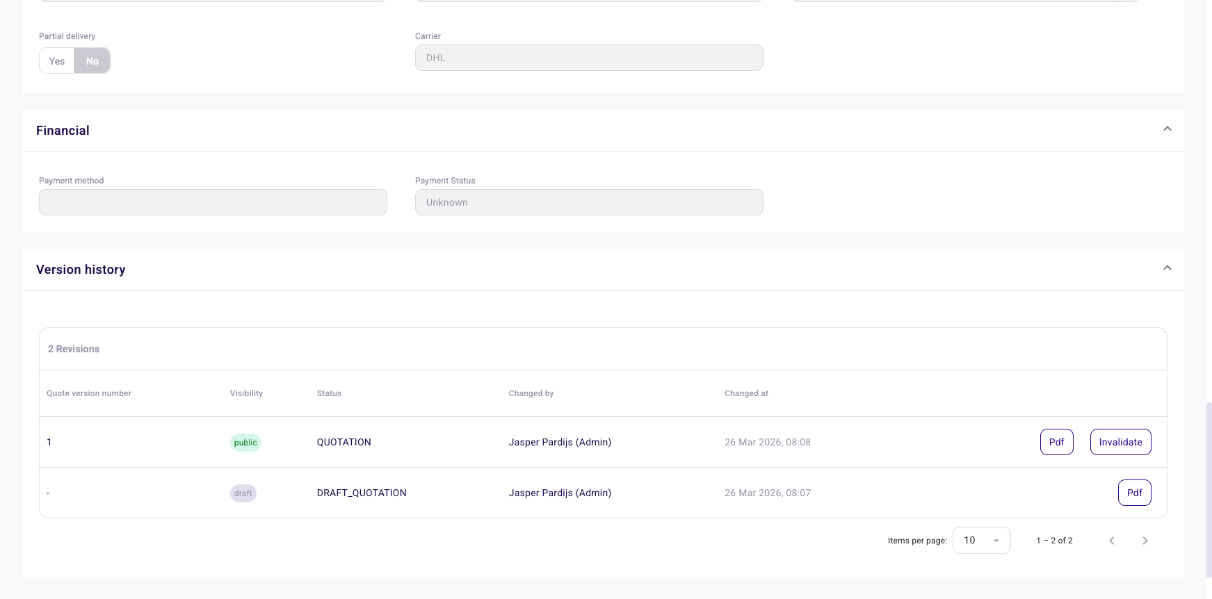 Financial and version history