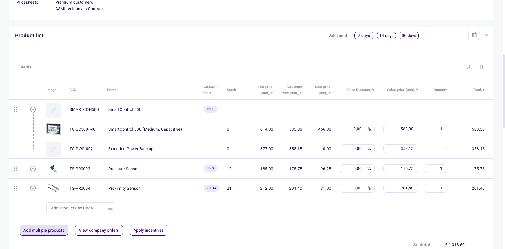 Quote product list with line items
