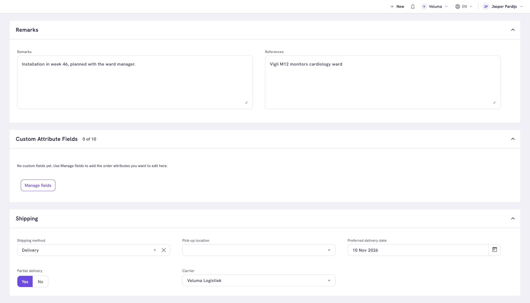Remarks, Custom Attribute Fields and Shipping sections of a draft quote. The Custom Attribute Fields section has the Manage fields button