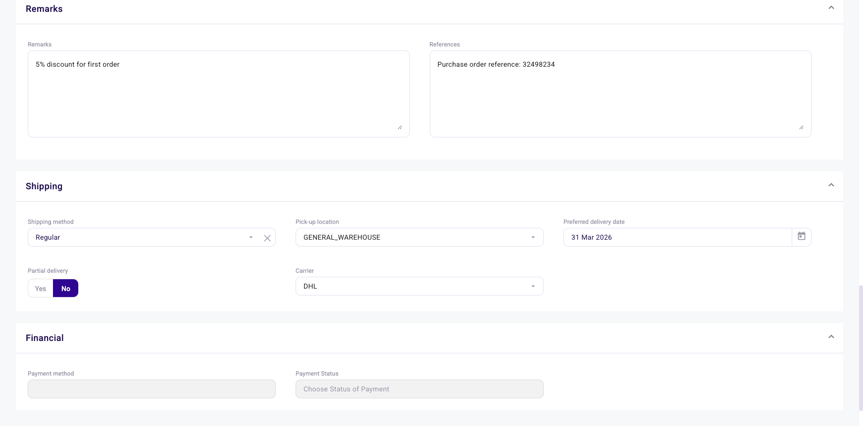 Remarks and shipping configuration