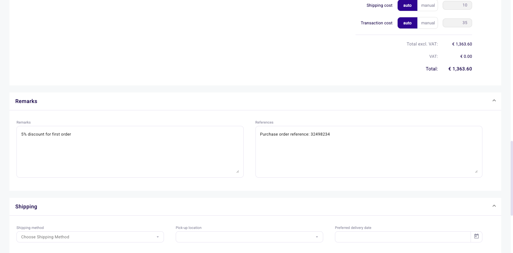 Totals with shipping and transaction cost