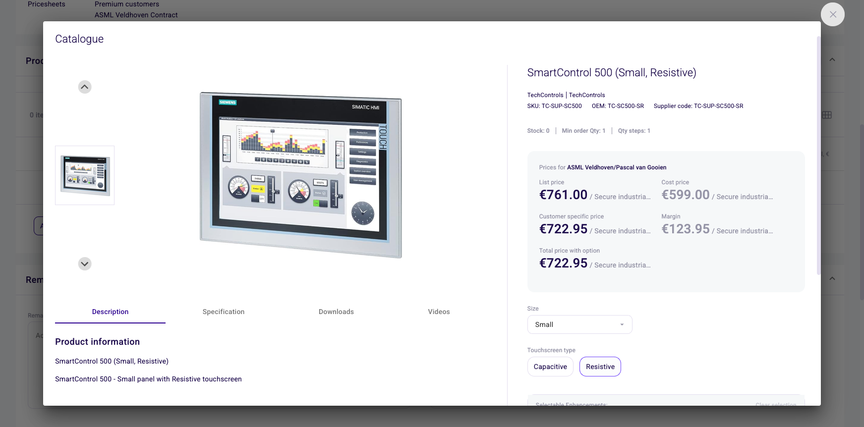 Product detail in picker with pricing