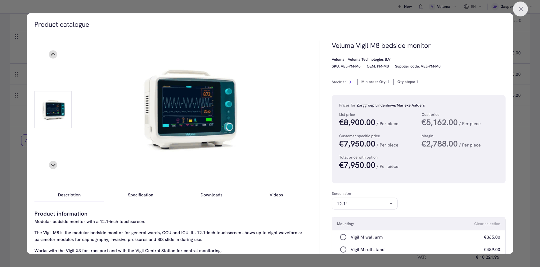 Product detail in the list, with the prices for the selected customer
