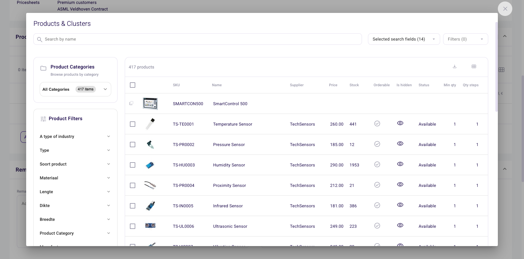 Products and Clusters picker