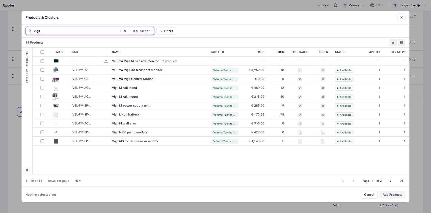 Products &amp; Clusters list that opens from Add multiple products, with a search for Vigil