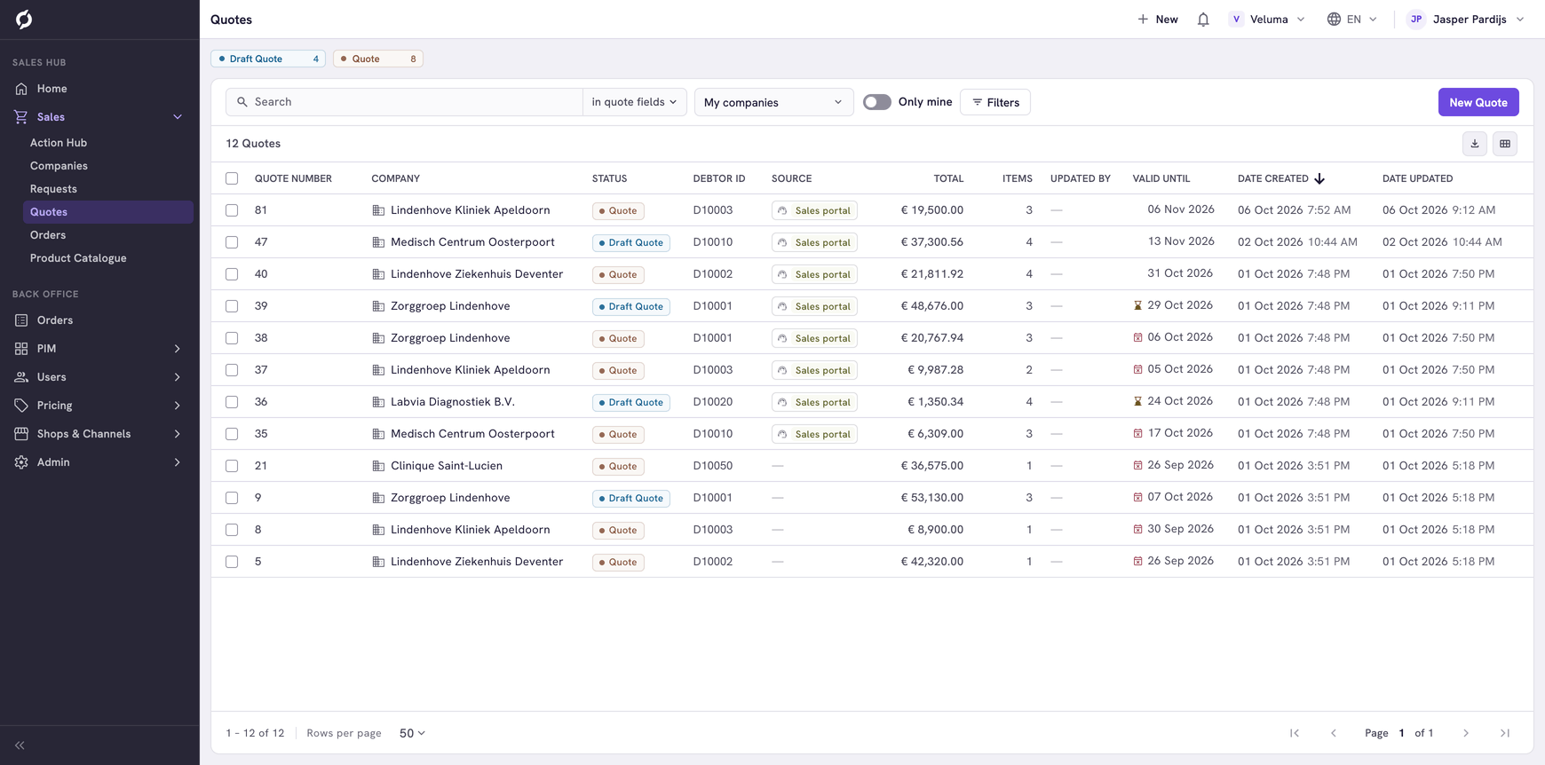 Quotes list in the Sales Hub with a warning on quotes that expire soon