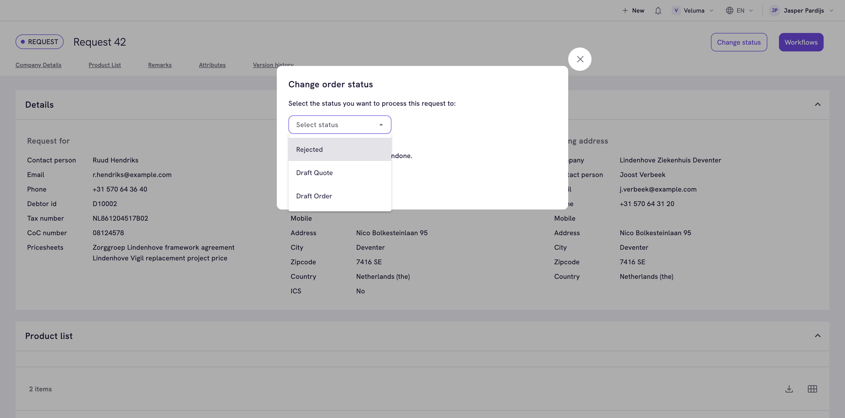 Change order status dialog on a request, with the next statuses Rejected, Draft Quote and Draft Order