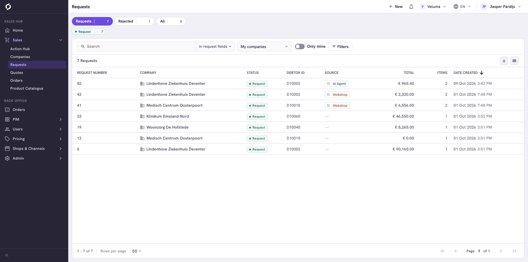 Requests list in the Sales Hub on the Requests group, with the Rejected and All groups next to it