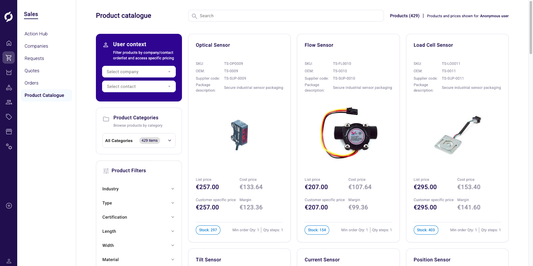 Decimal and integer attribute filters in the Sales Hub product list