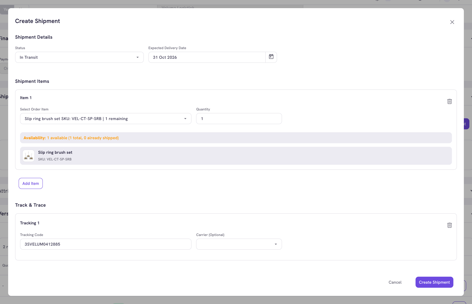 Create Shipment dialog with the status, the expected delivery date, an item and a tracking code