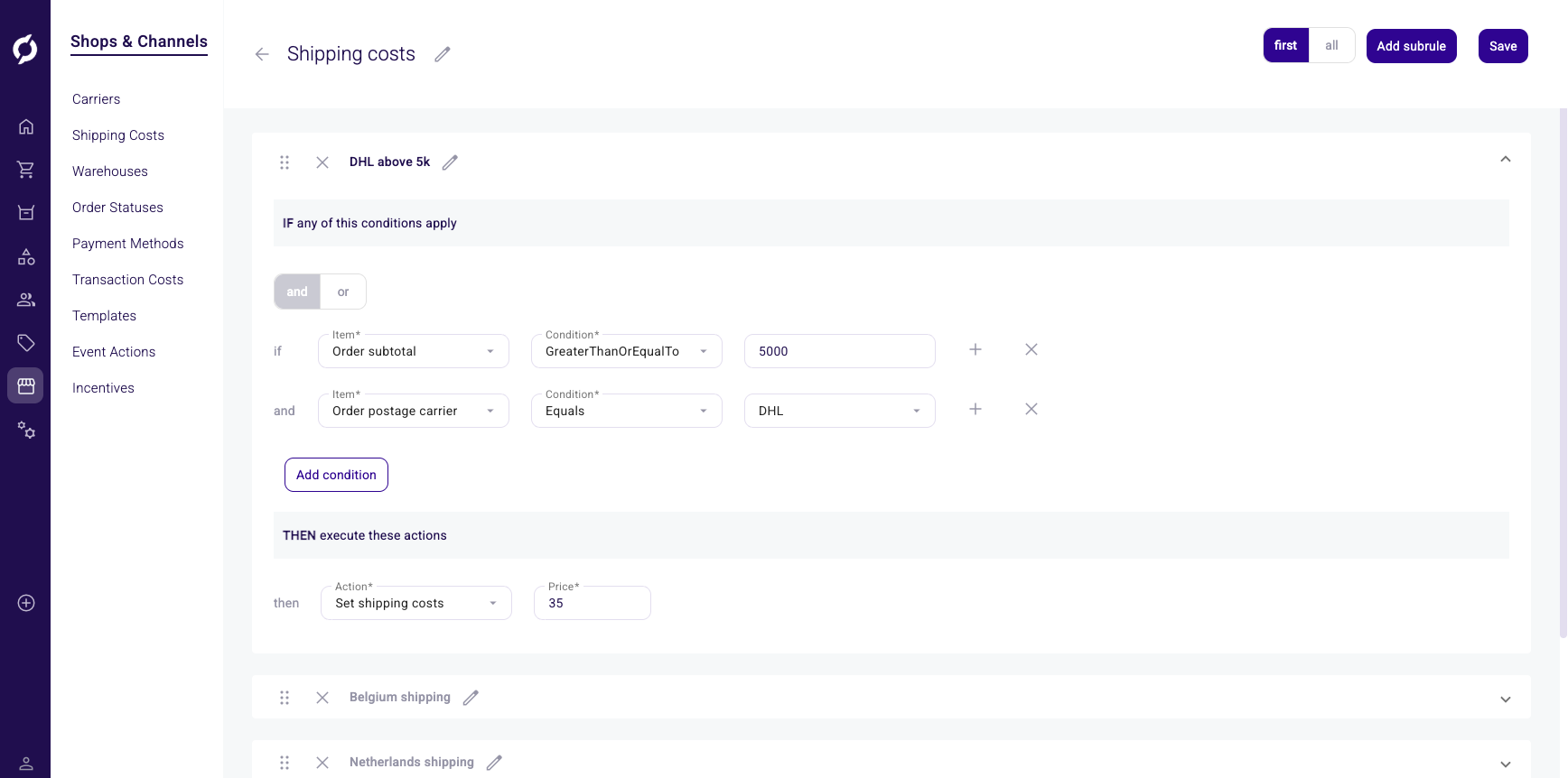 Shipping costs rule with multiple conditions