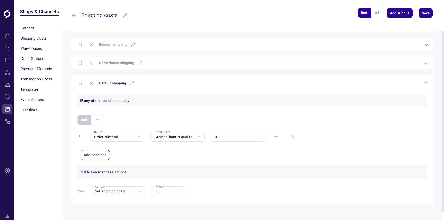 Shipping costs rule detail with subrules