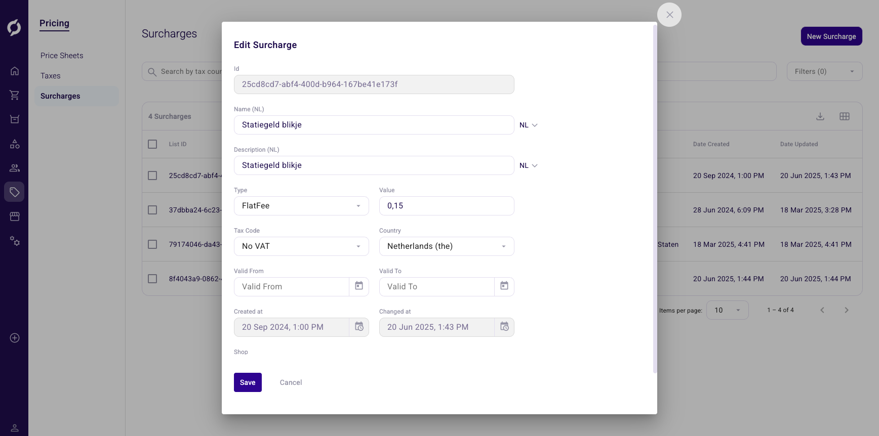 Edit Surcharge dialog with name, type, amount and date fields