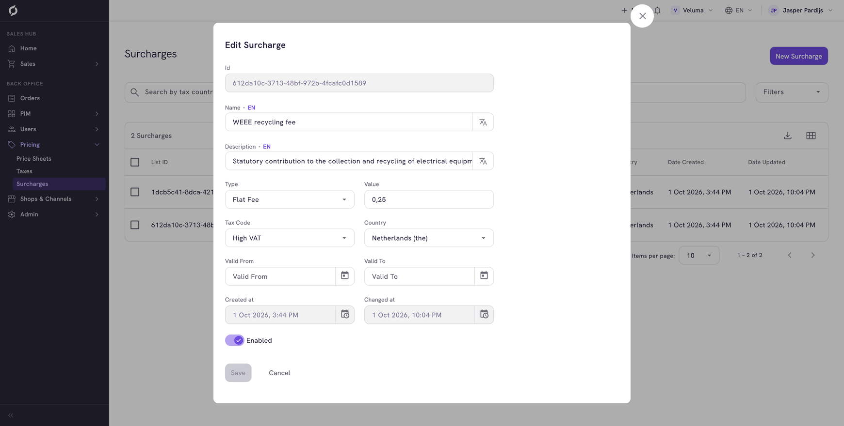 Edit Surcharge dialog with name, type, value, tax code, country and date fields
