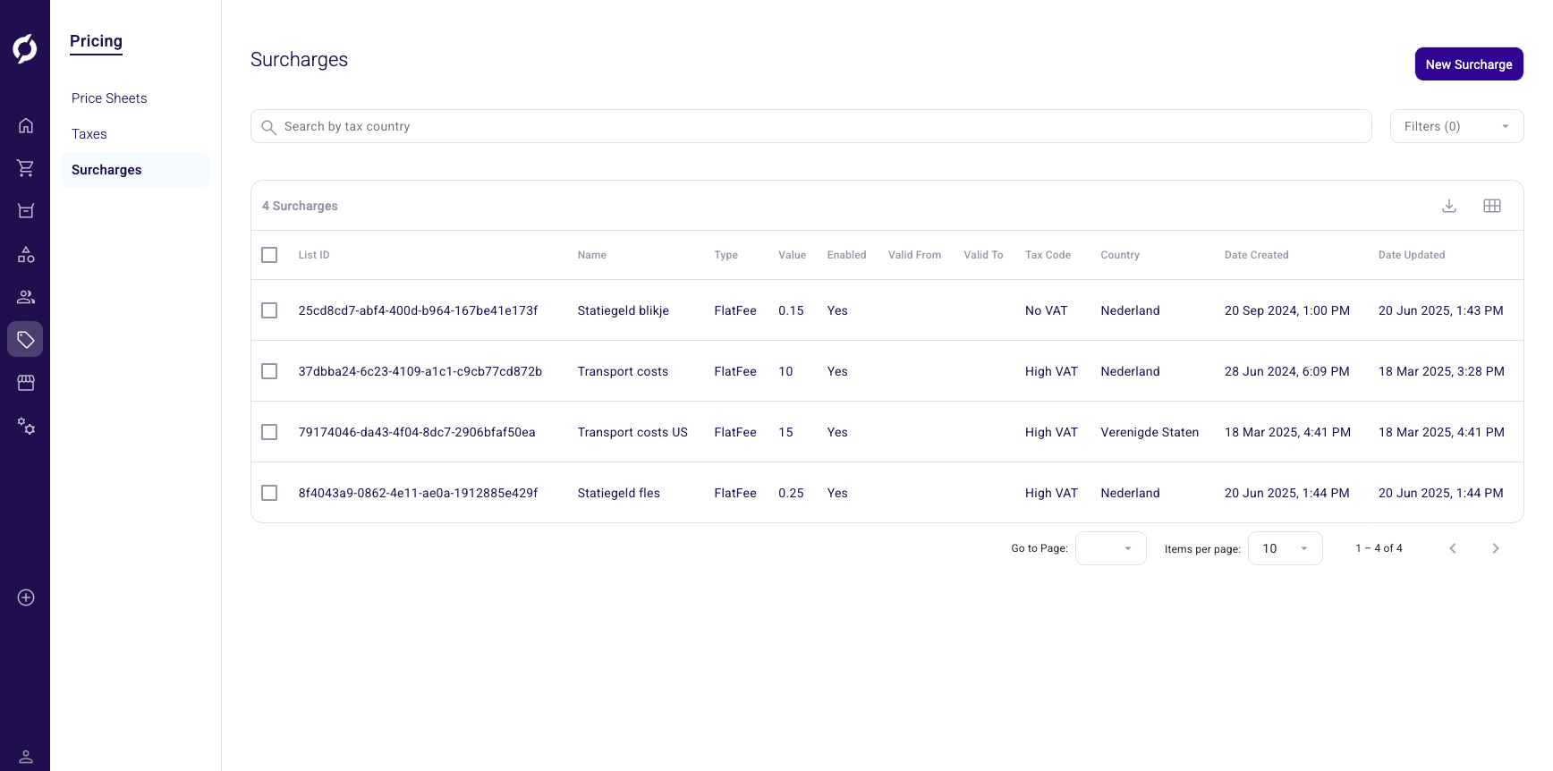Surcharges overview with search, filters and surcharge list