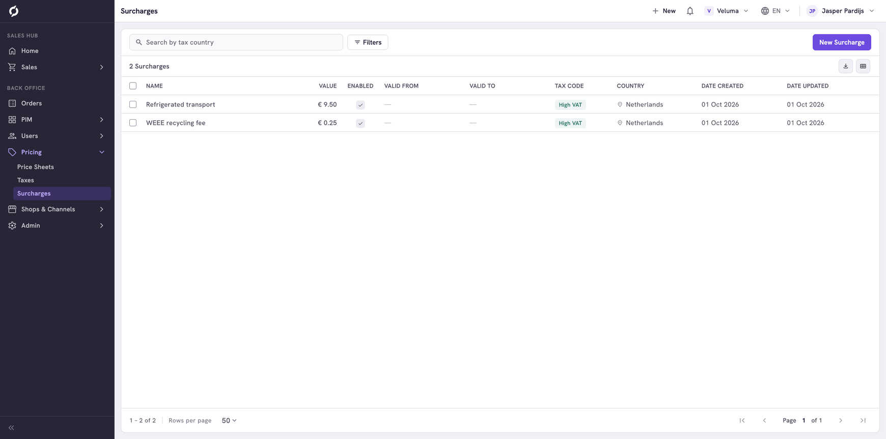 Surcharges overview with search, filters and surcharge list