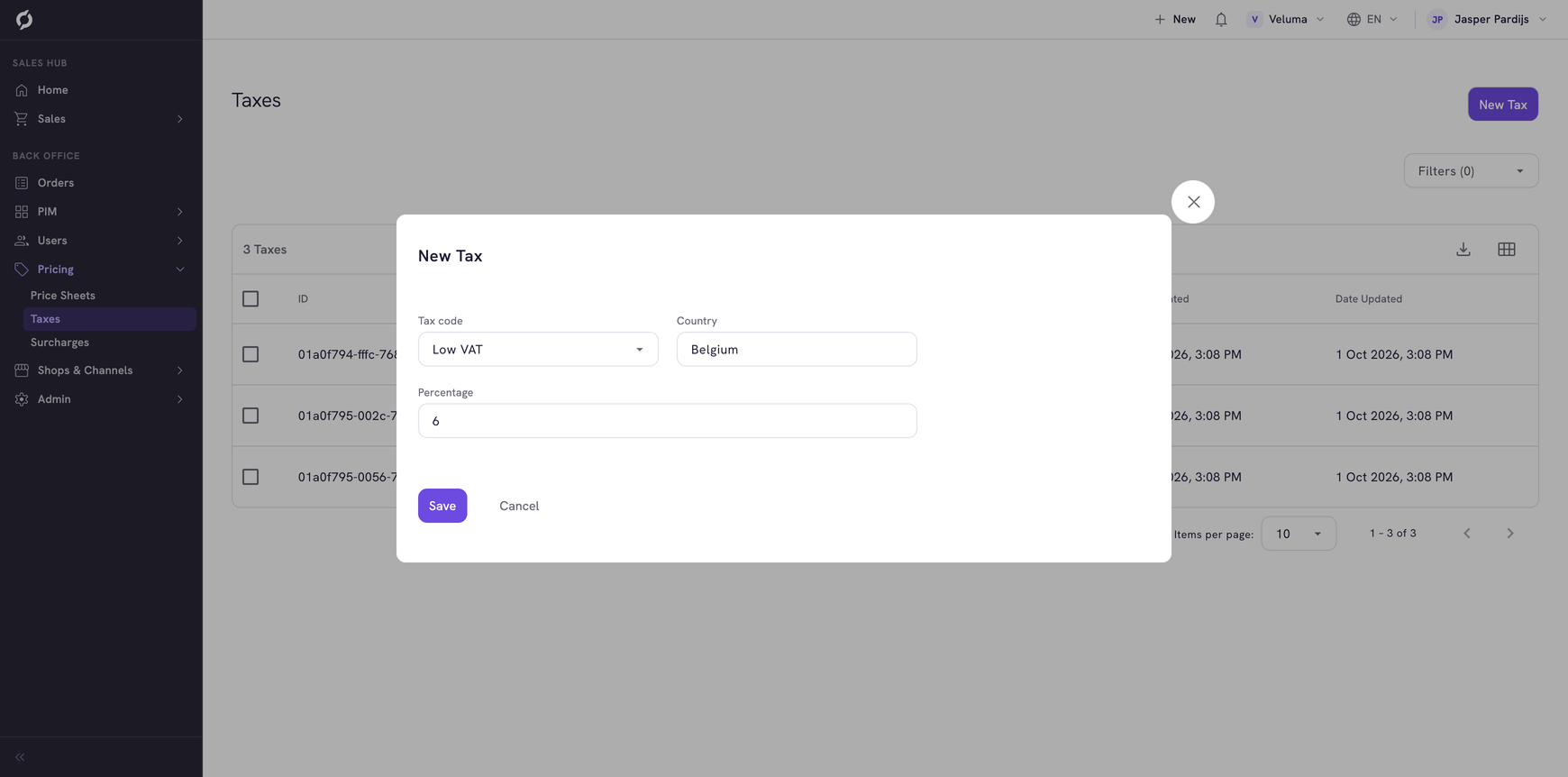 New Tax dialog with tax code, country and percentage fields