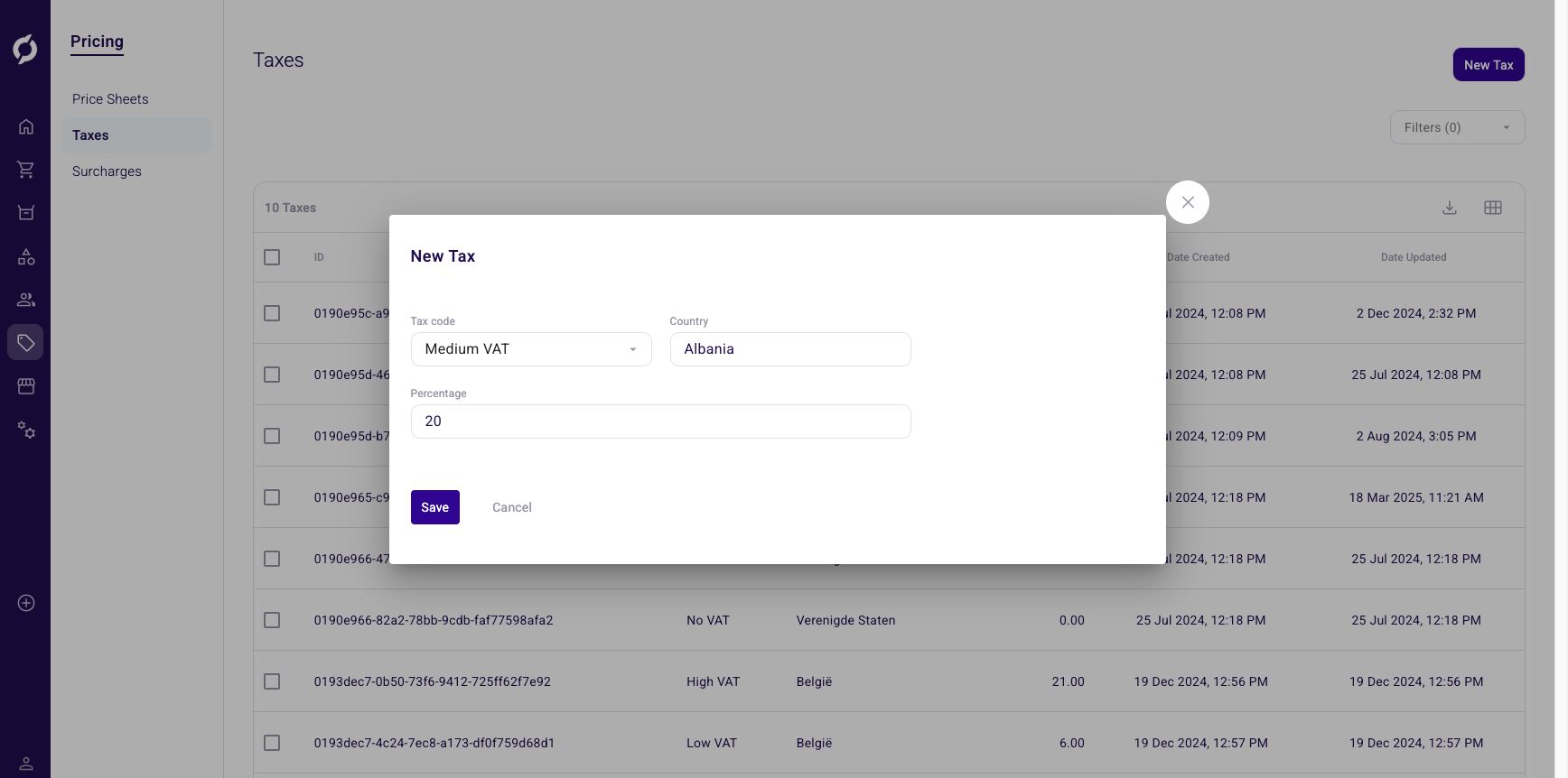 New Tax dialog with code, country and percentage fields