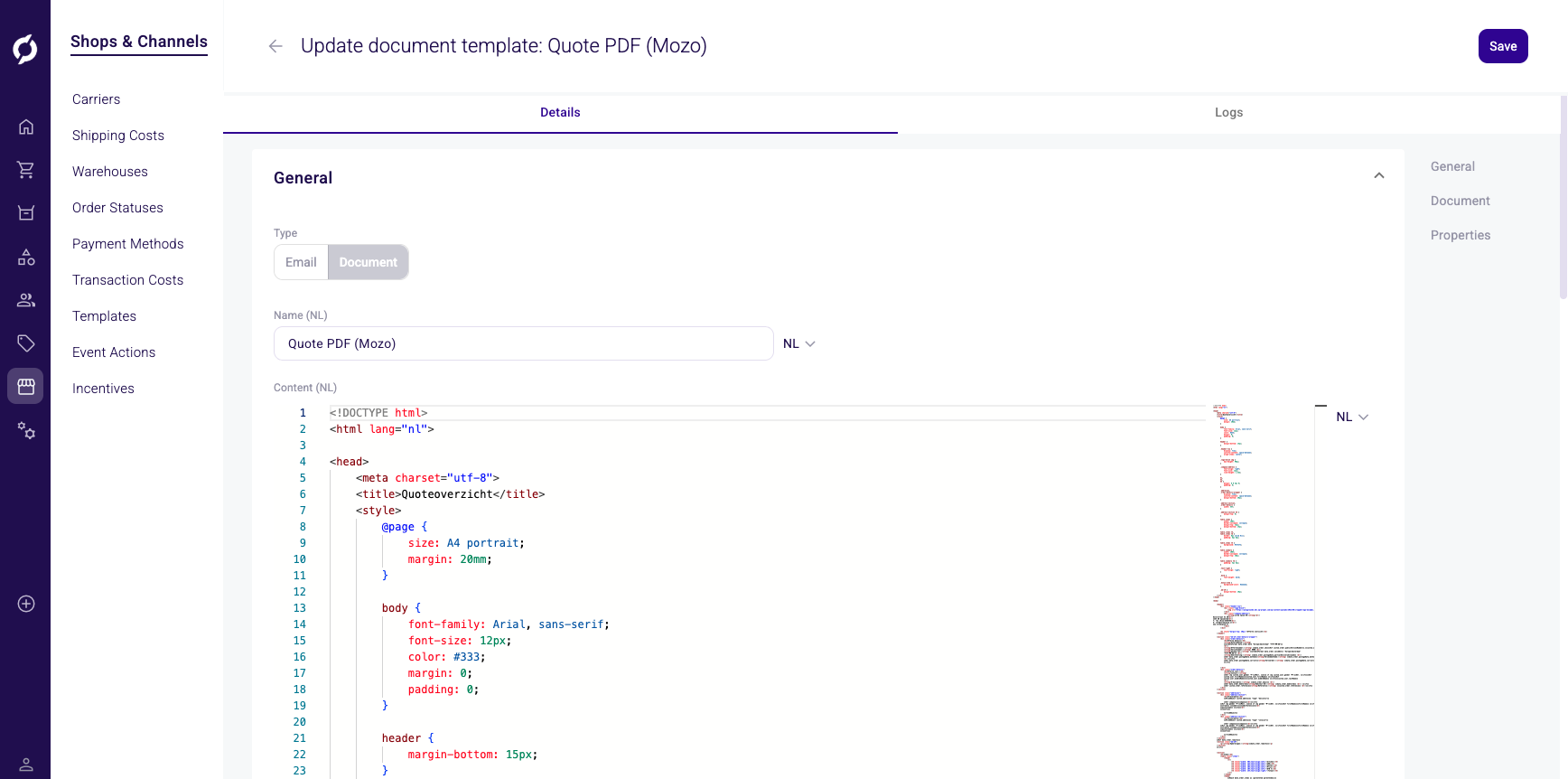 Document template detail page