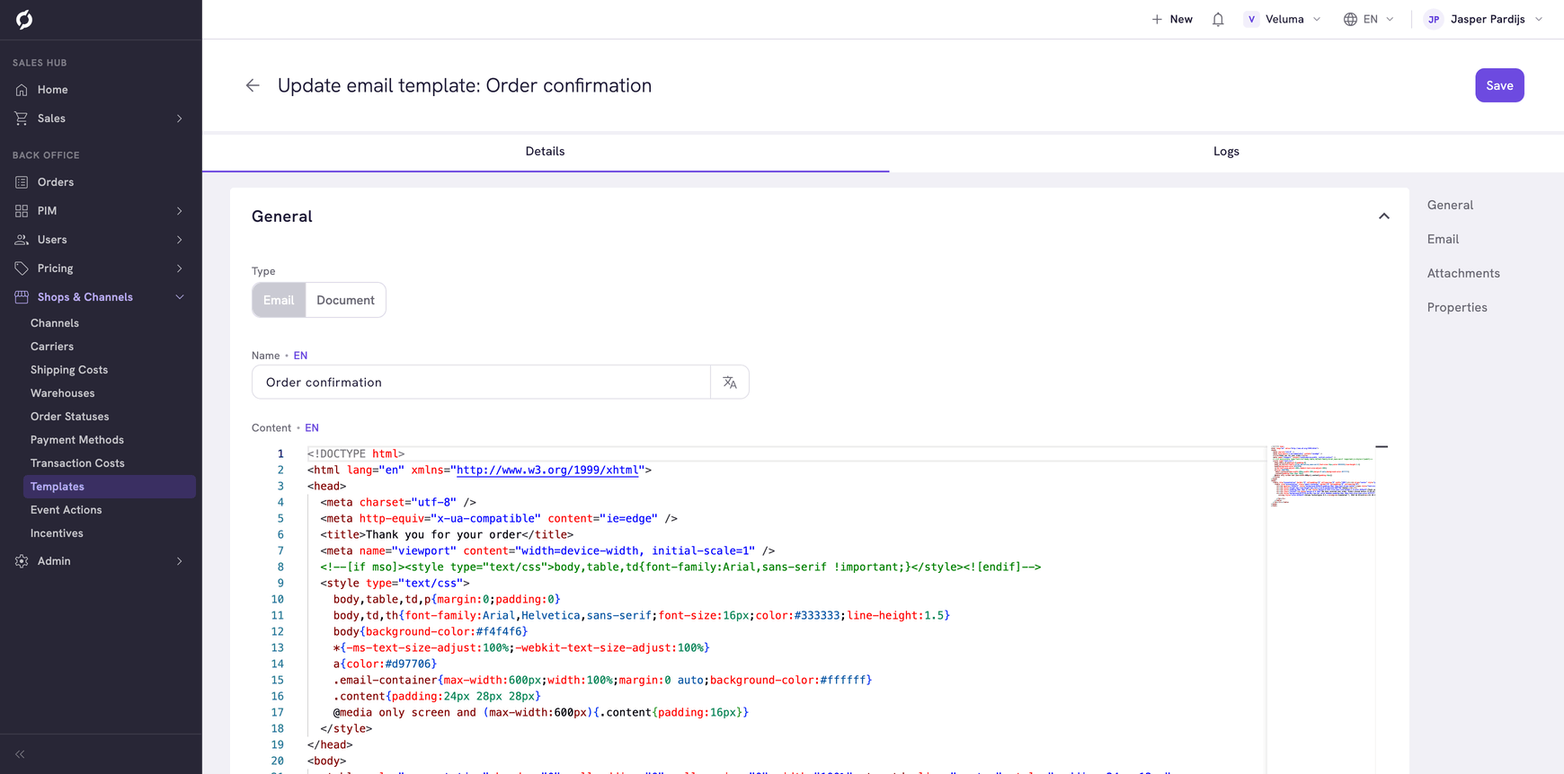 Email template page with the General section and the content editor