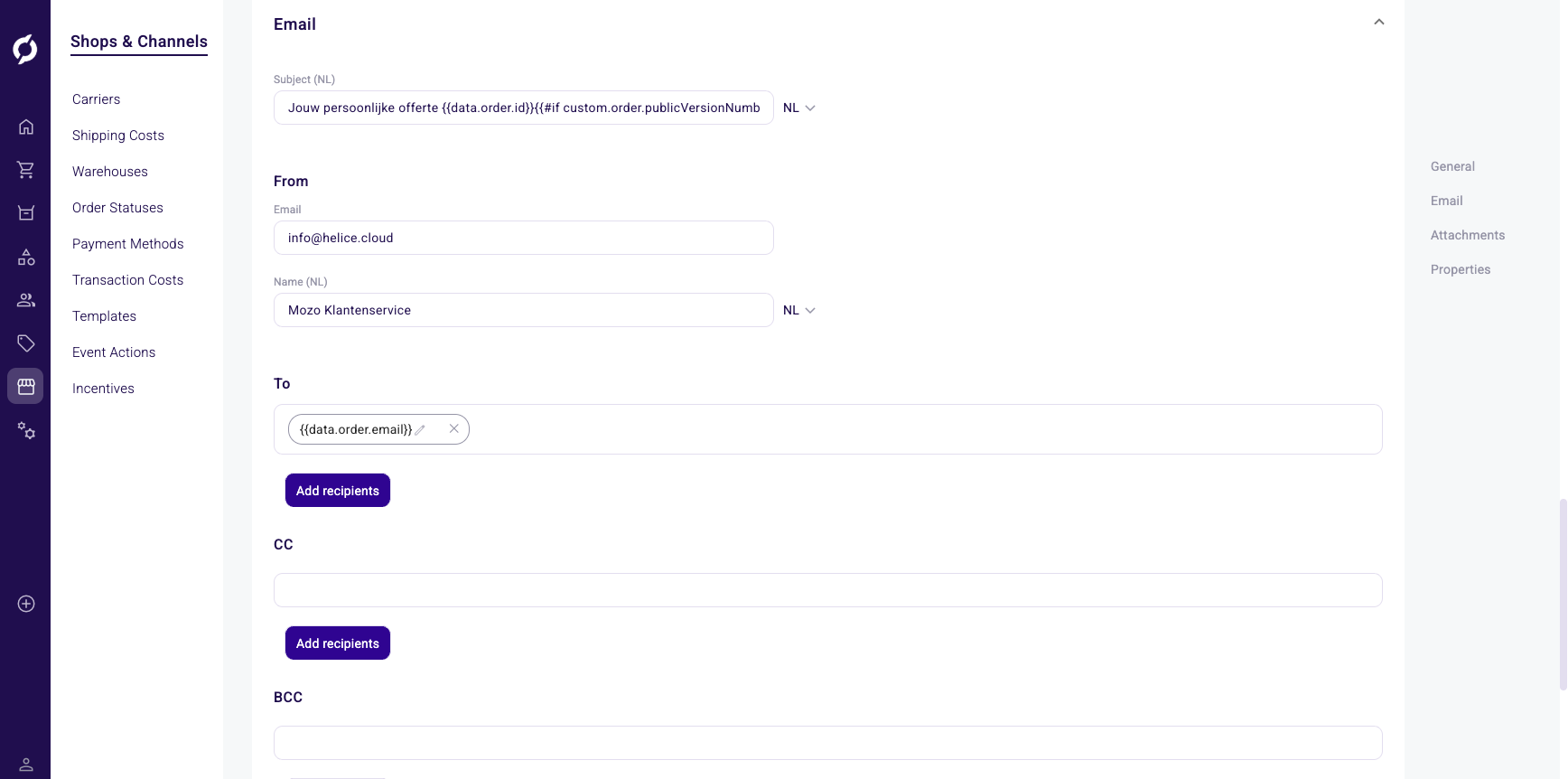 Email section with subject, sender and recipients