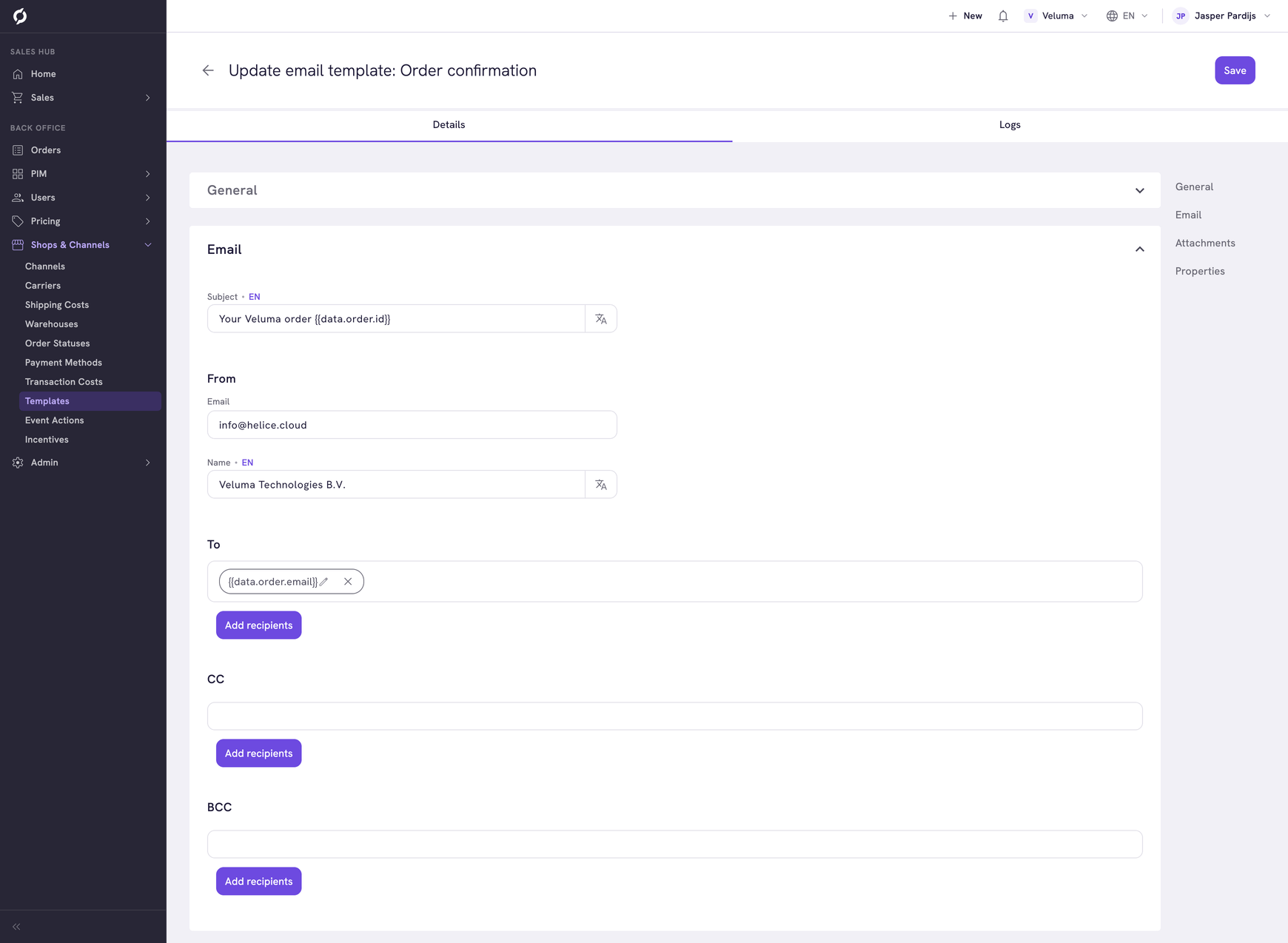 Email section with subject, sender and recipients