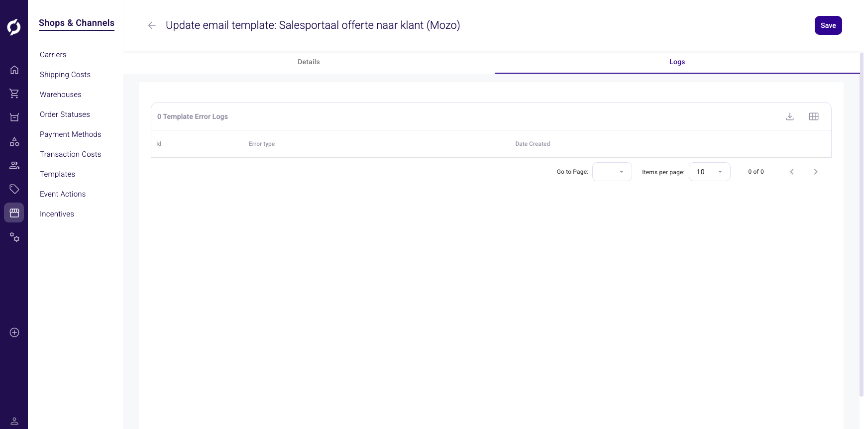 Logs tab with Template Error Logs table