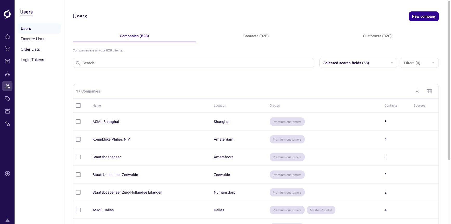 Users page showing the Companies tab with a list of companies