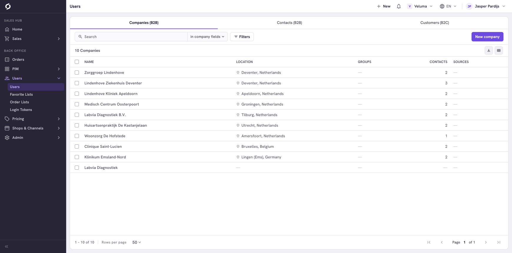 Users page showing the Companies tab with a list of companies