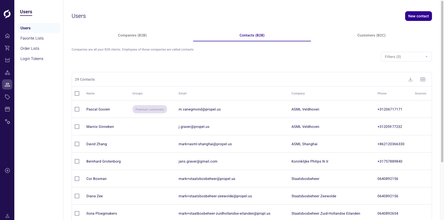 Contacts tab showing a list of contacts with name, email, company and phone columns