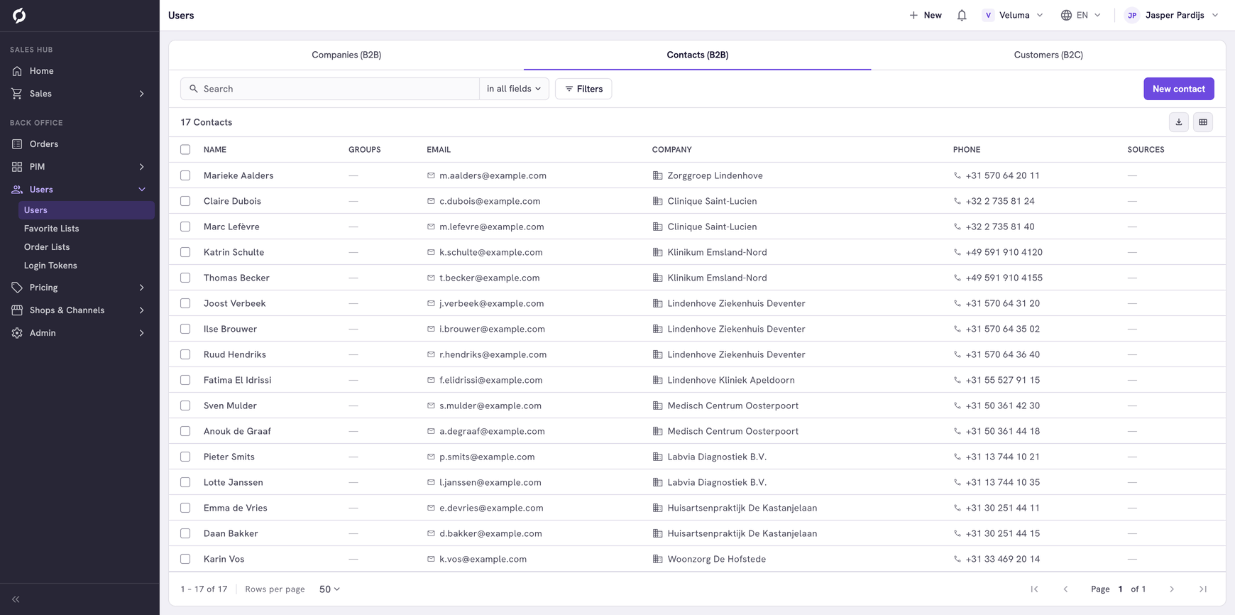 Contacts tab showing a list of contacts with name, email, company and phone columns