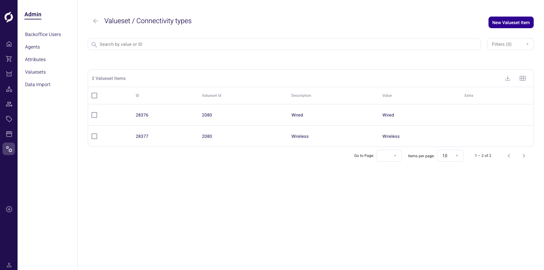 Value set detail page showing the Connectivity types value set with two items