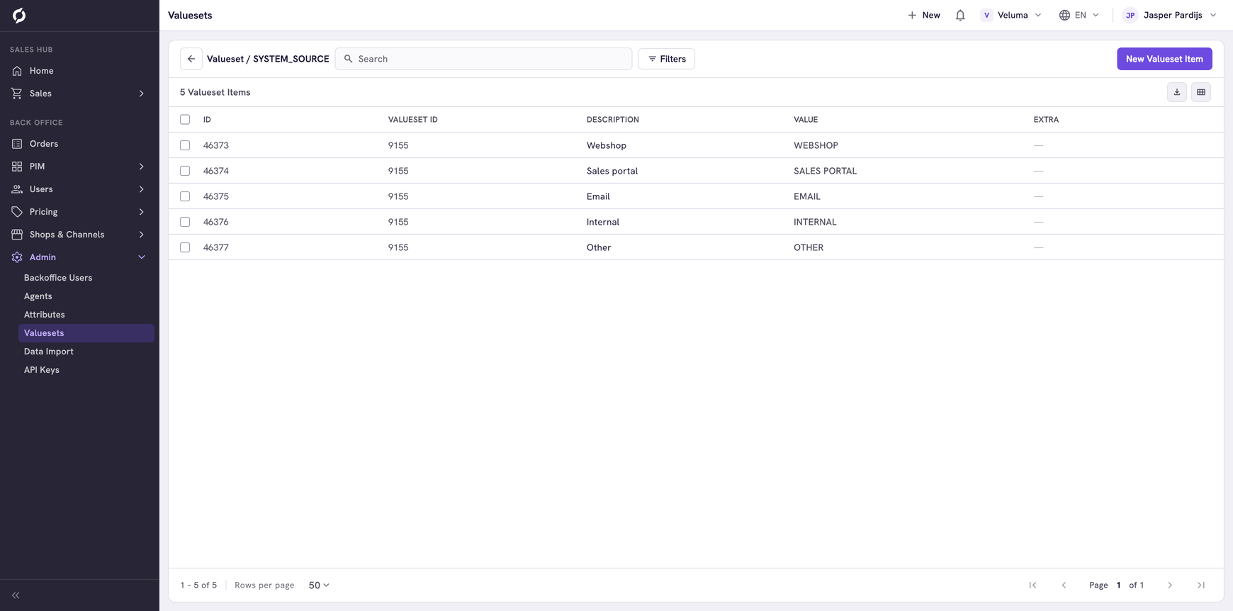 Items page of the SYSTEM_SOURCE value set with five items