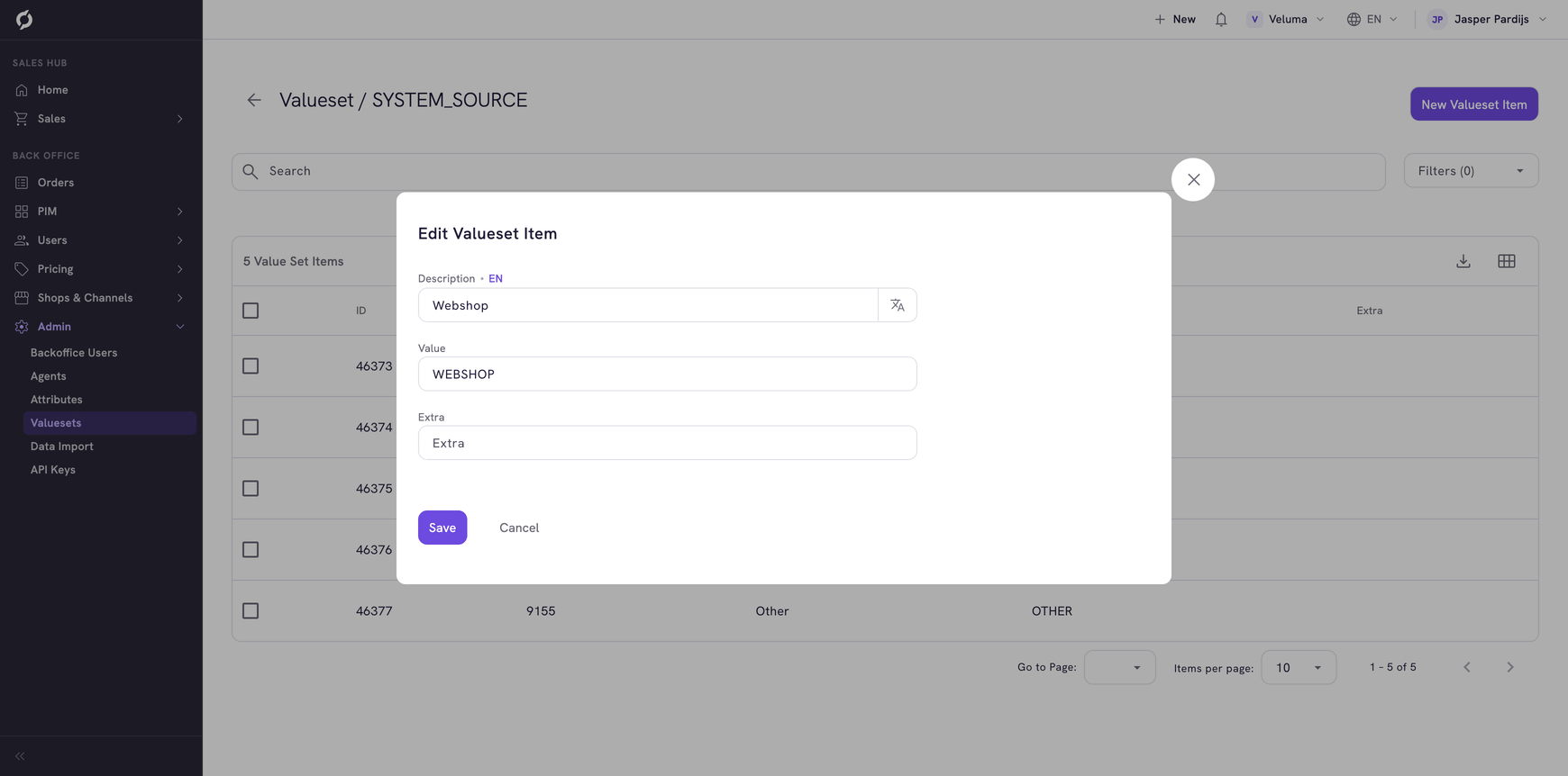 Edit Valueset Item dialog showing Description, Value and Extra fields