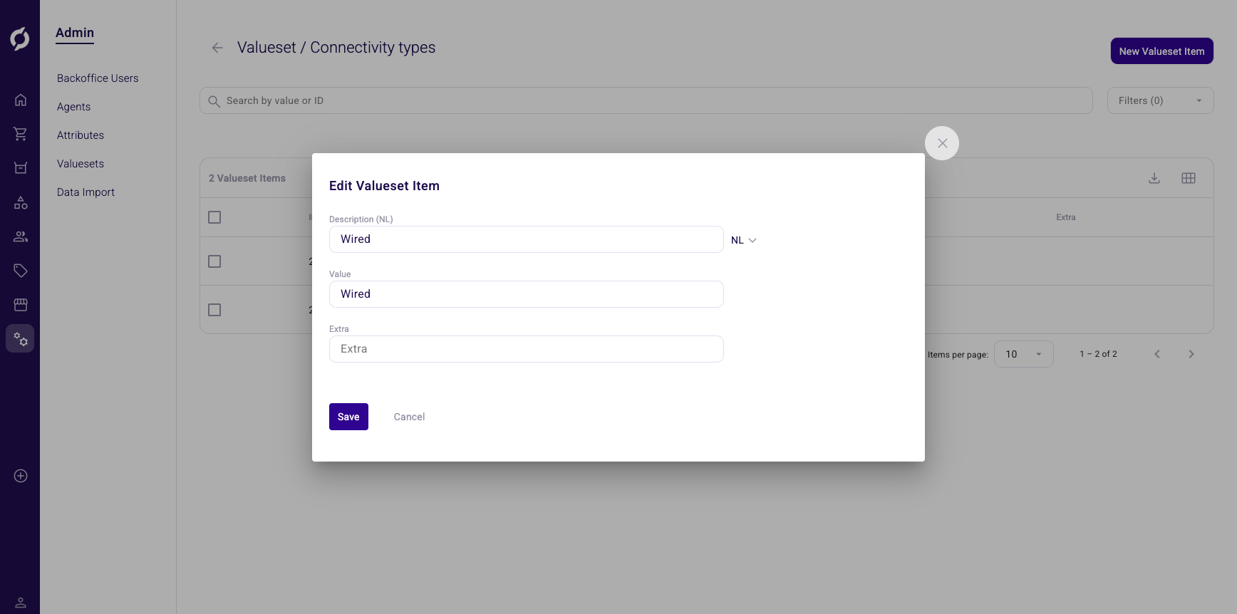 Edit Valueset Item dialog showing Description, Value and Extra fields