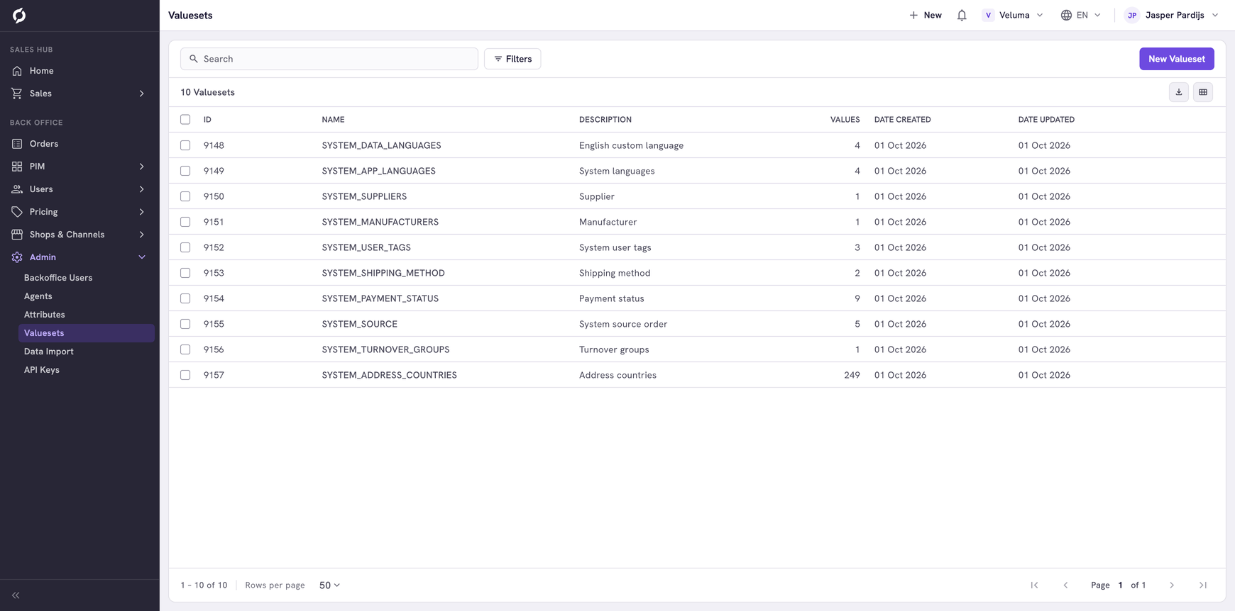 Valuesets list with the ID, name, description, number of values and dates of each value set