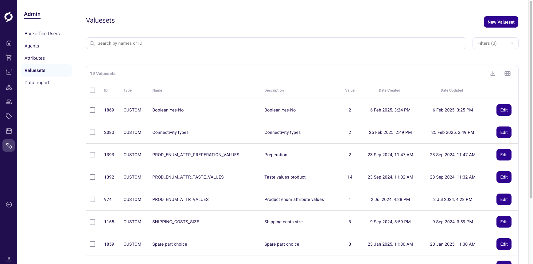 Value Sets overview showing a table with ID, Type, Name, Description and dates