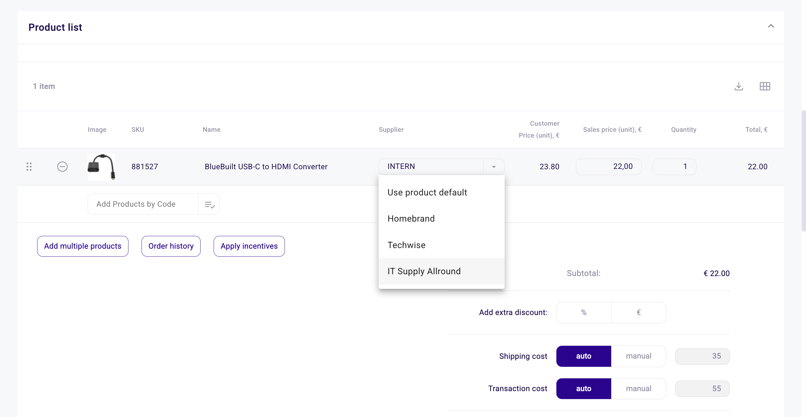 Order editor with the supplier dropdown open on an order line