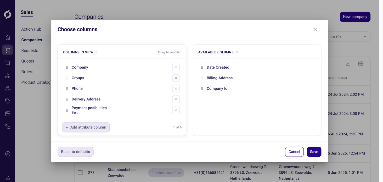 The redesigned Choose columns dialog with attribute columns on the Companies listing