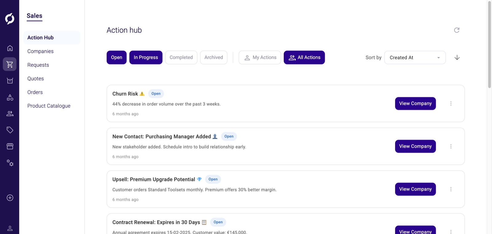 The Action Hub with status filters and the All Actions toggle