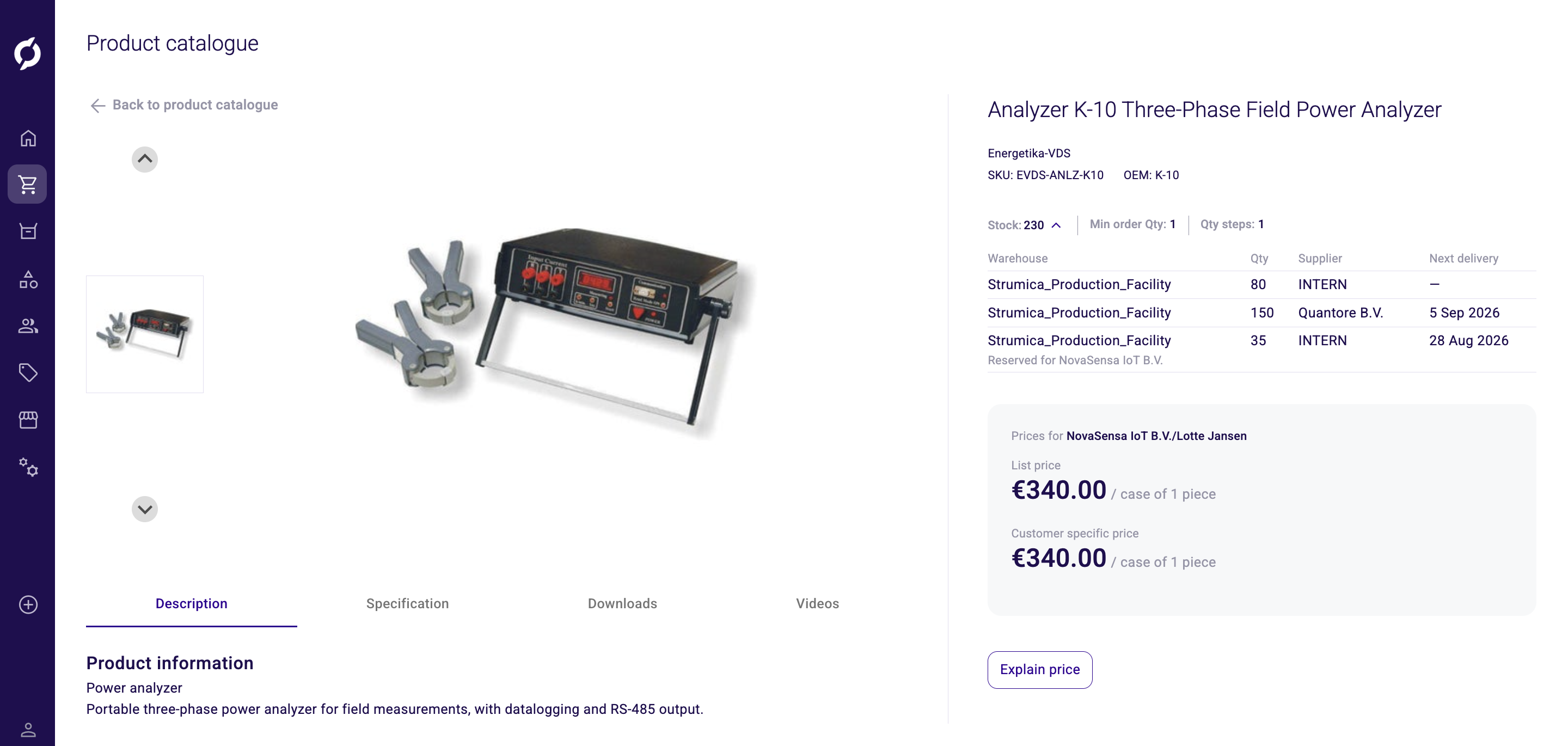 Expanded stock on a product showing quantity, supplier and next delivery per warehouse