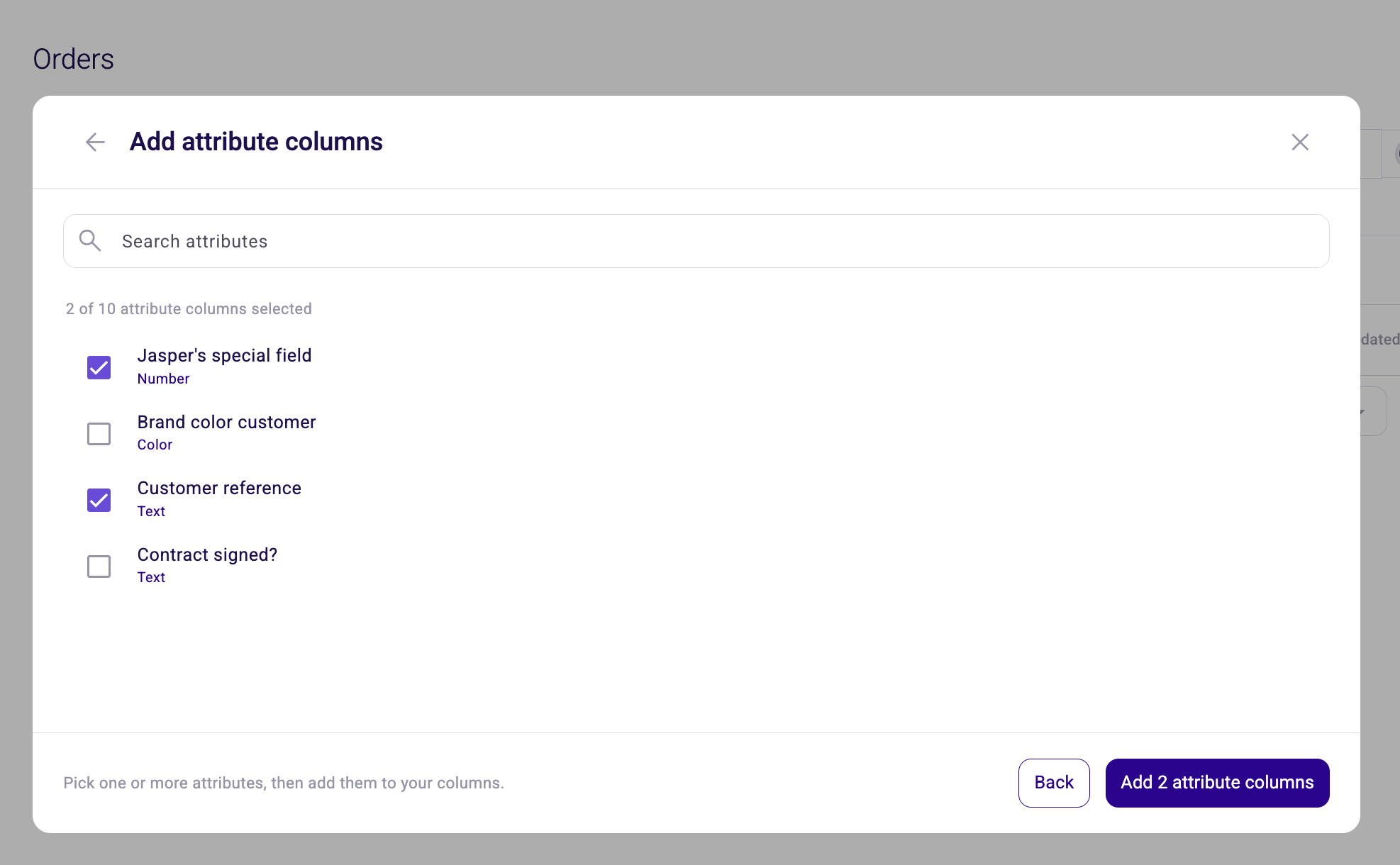 Adding attribute columns to the orders listing, with two of ten selected