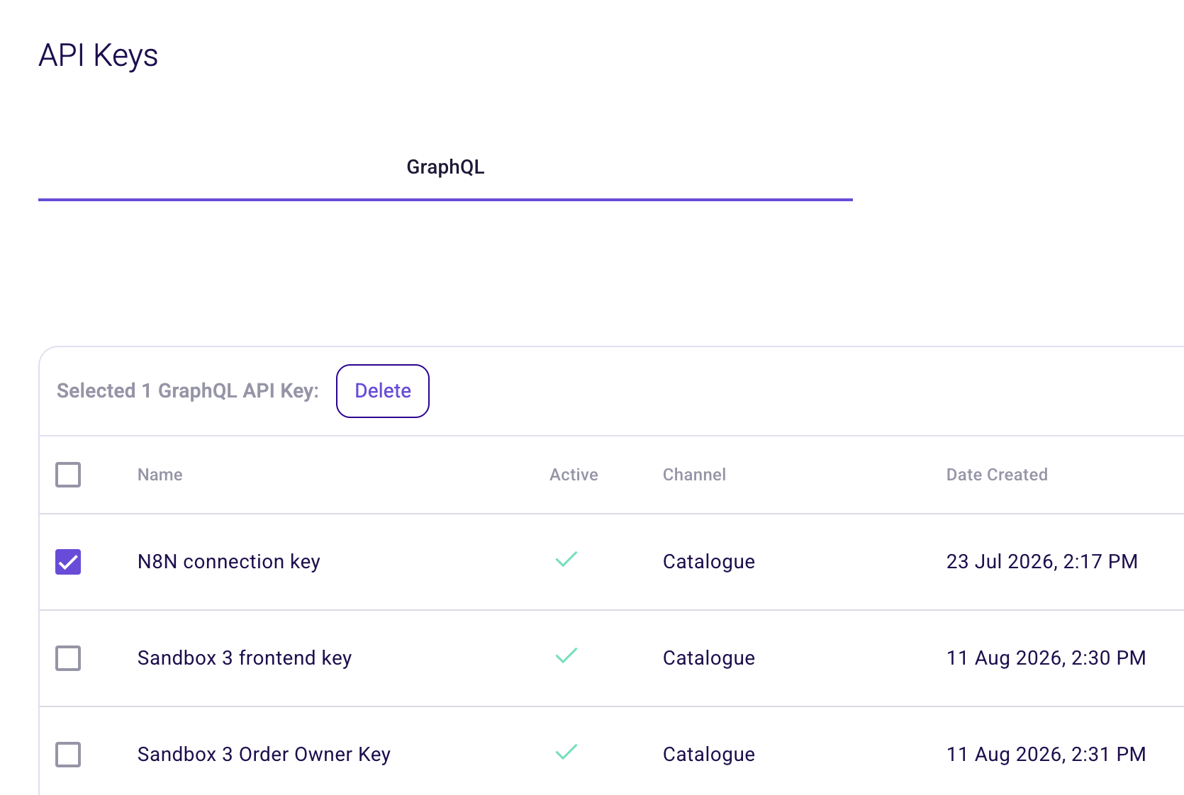 The API Keys page with a key selected and the Delete button available