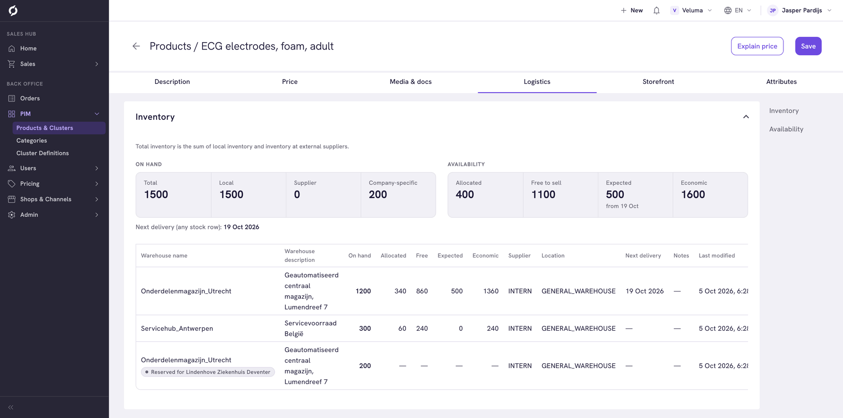 The Logistics tab of a product with the new Availability figures: Allocated, Free to sell, Expected and Economic, next to the stock on hand