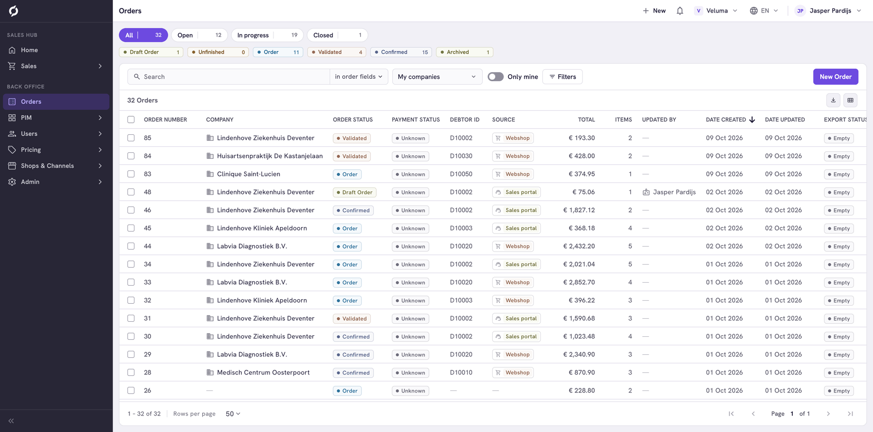 The Orders list in its new design, with the status groups and their number of orders above the table. The search, My companies, Only mine and Filters sit in one row and the statuses show as pills in the table