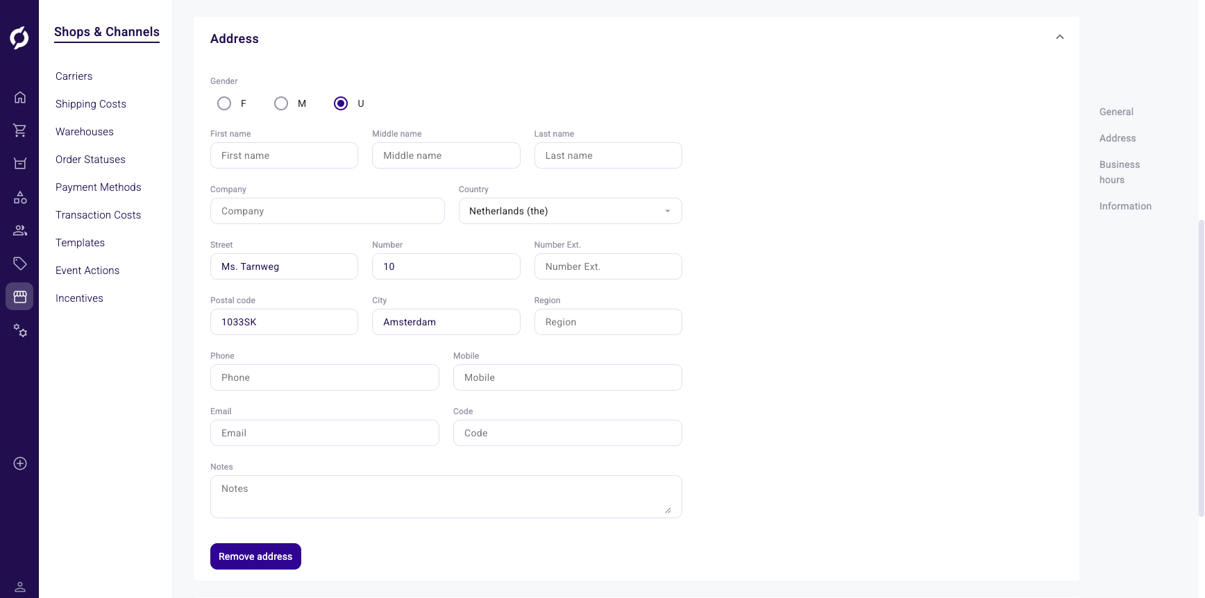 Warehouse address form
