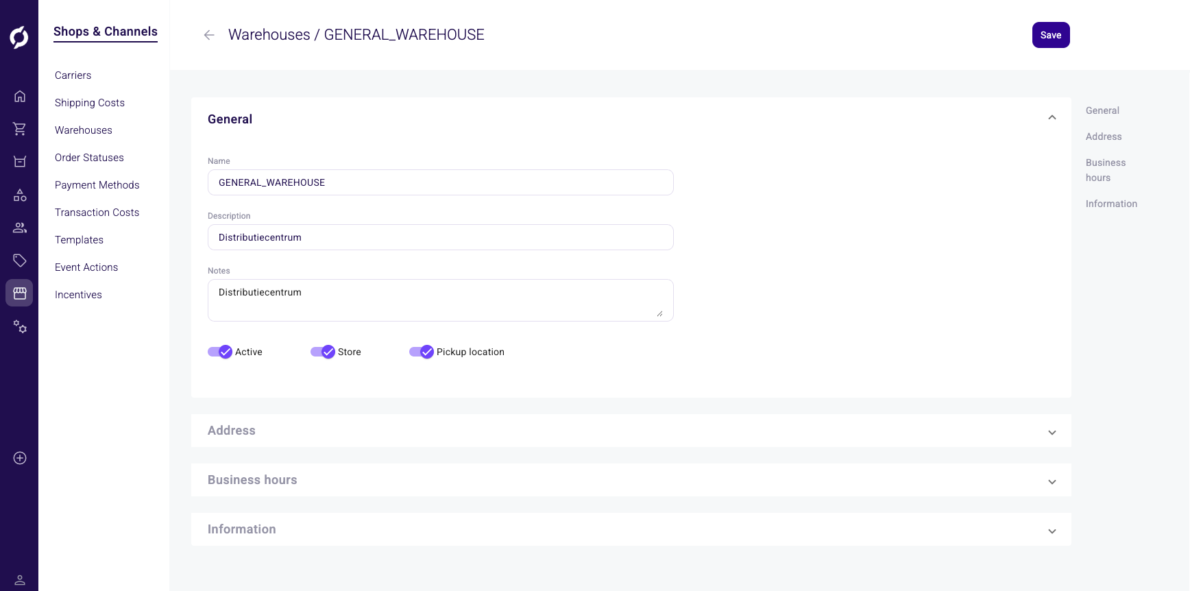 Warehouse detail general section